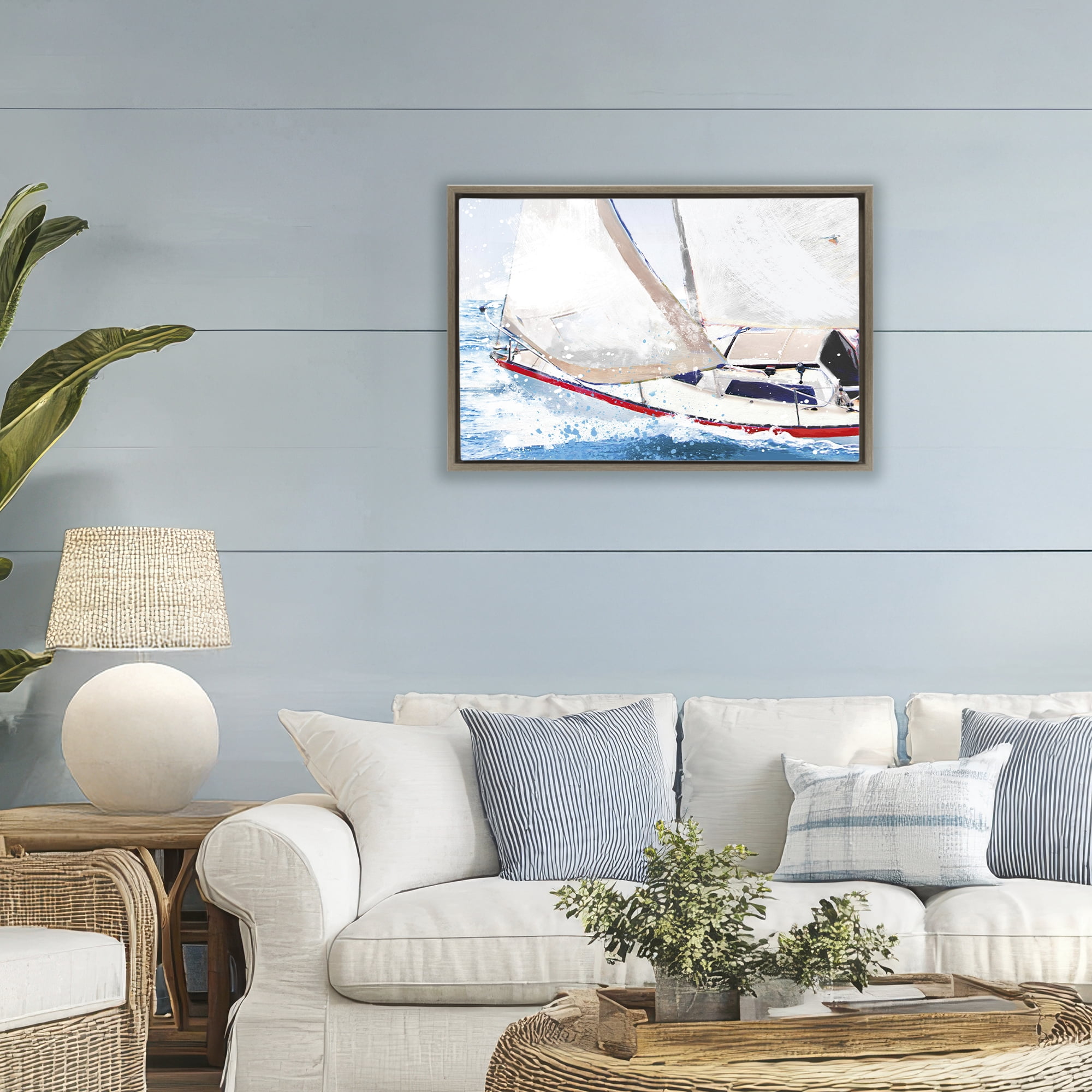 Stupell Industries Sailboat Racing Through Blue Waves Brown Framed Floater Canvas Wall Art, design by Porter Hastings