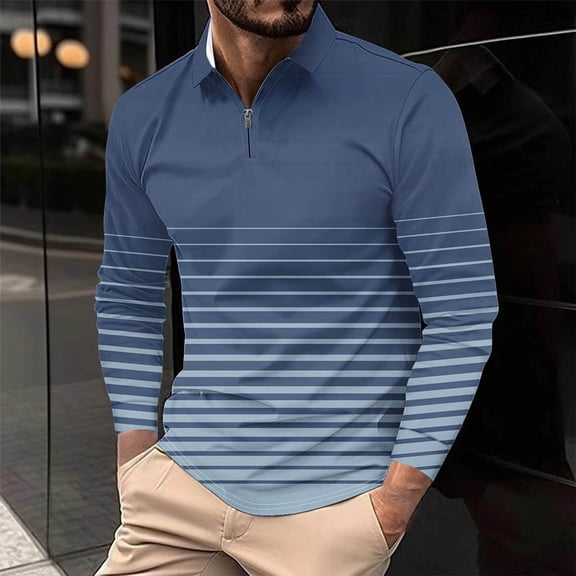 Yaoyar Mens Striped Zip Front Casual Top, Long Sleeve Collared Shirt with Relaxed Fit, Comfortable Daily Wear Pullover