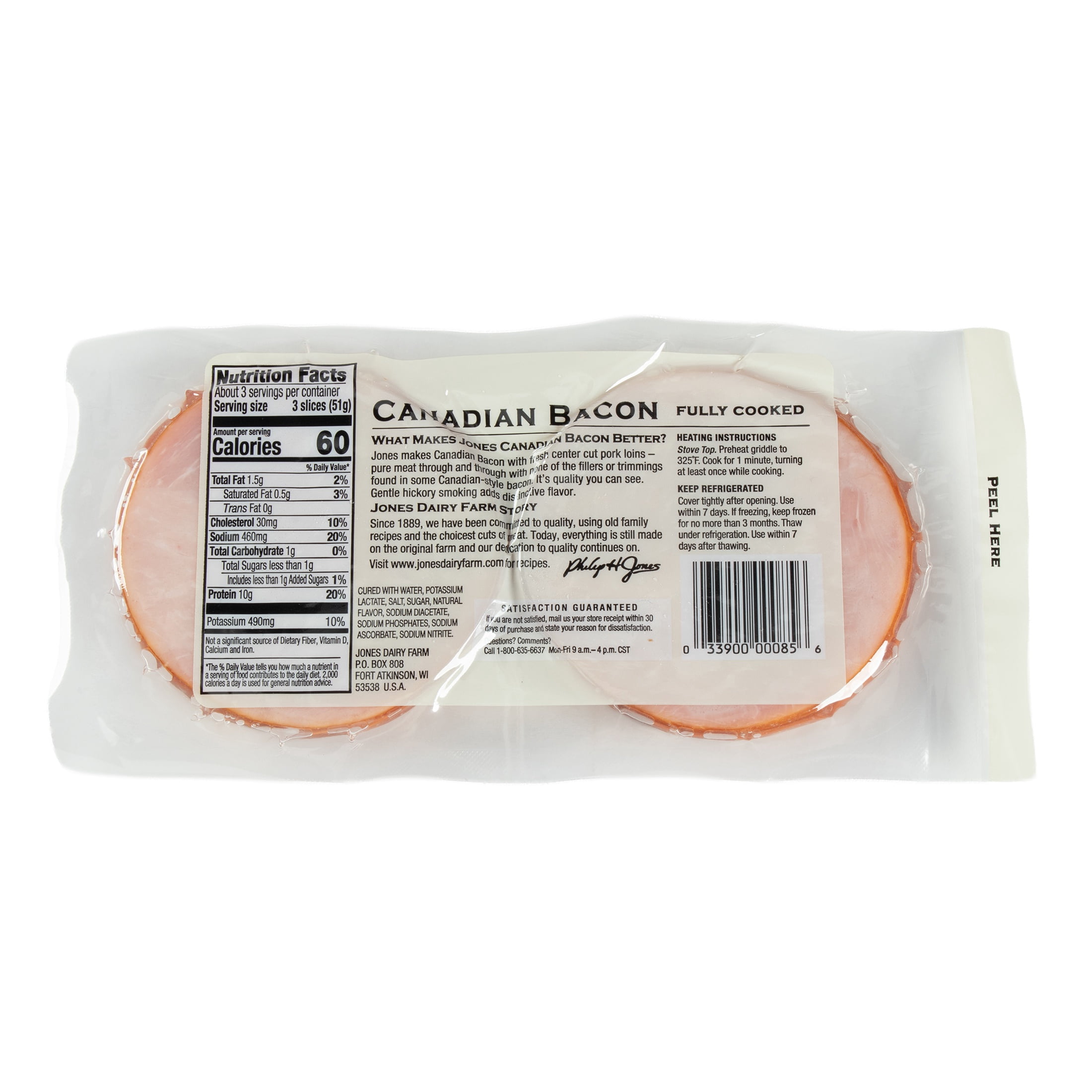 Jones Dairy Farm Hickory Smoked Canadian Pork Loin Bacon, 6 oz – No MSG, 97% Fat Free, Certified Gluten Free