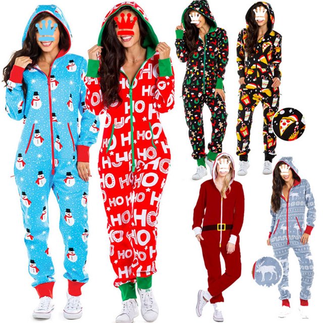 Noël Pyjamas d'Une Seule Pièce des Femmes avec Capuche, Santa Modèle Adulte Confortable Combinaisons Homewear