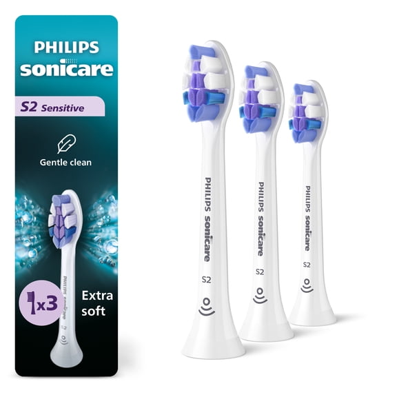 Philips Sonicare S2 Sensitive - Genuine Replacement Electric Toothbrush Heads, White, 3 Pack, HX6053/77