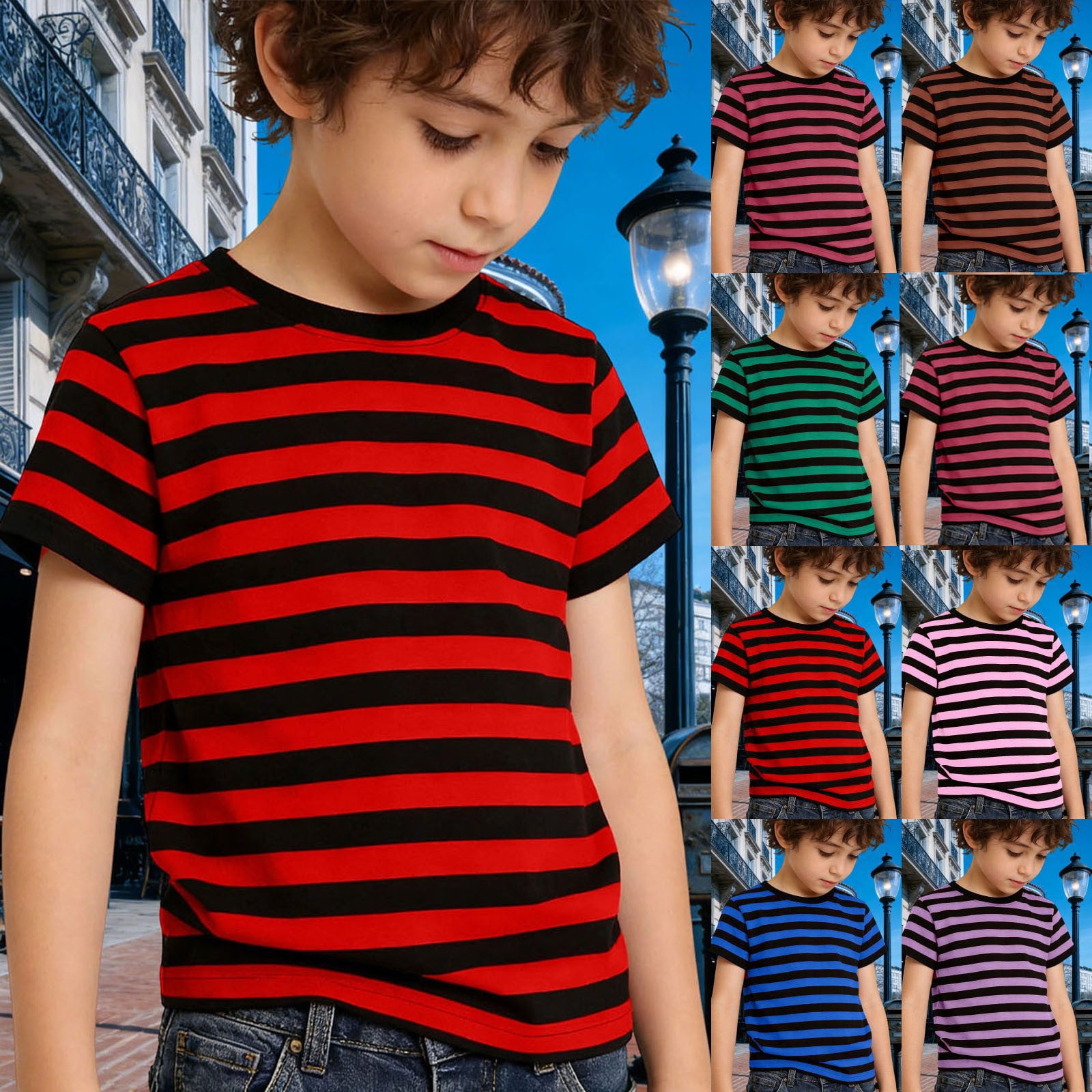 LRen Boys Striped T Shirts Kids Fashion Crewneck Short Sleeve Loose Summer Tees Tops