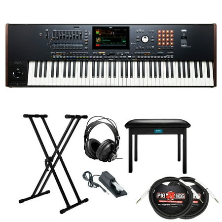 Korg 76-Key Pa5X Professional Arranger Bundle with Adjustable Keyboard Stand, Flip-Top Bench, Closed-Back Headphones, Sustain Pedal, and 1/4 Inch TS Cables (7 Items)