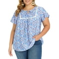 thumbnail image 1 of GRACE & GRANDEUR Blusa de mujer talla grande con estampado floral de Pascua, cuello con lazo, mangas con volantes, 3X azul cielo, 1 of 6