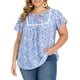 thumbnail image 1 of GRACE & GRANDEUR Blusa de mujer talla grande con estampado floral de Pascua, cuello con lazo, mangas con volantes, 3X azul cielo, 1 of 6