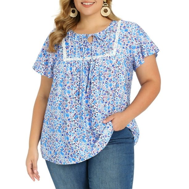 GRACE & GRANDEUR Blusa de mujer talla grande con estampado floral de Pascua, cuello con lazo, mangas con volantes, 3X azul cielo