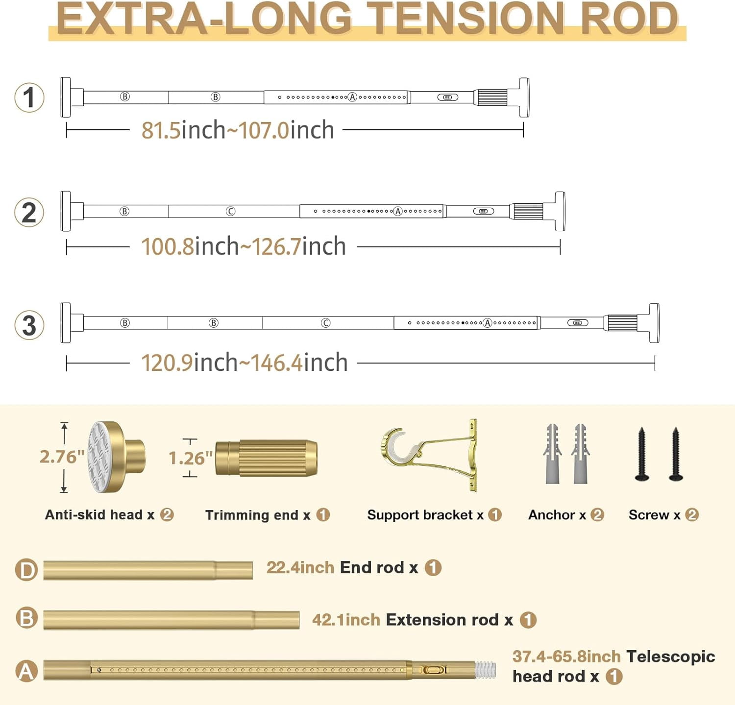 Gold Tension Curtain Rod 41-146In(4-12Ft), Extra Long Outdoor Curtain Rod No Drilling for Window or Bathroom Patio, Adjustable Spring Shower Rod,Rod Diameter 1.26In-One-bond stretching
