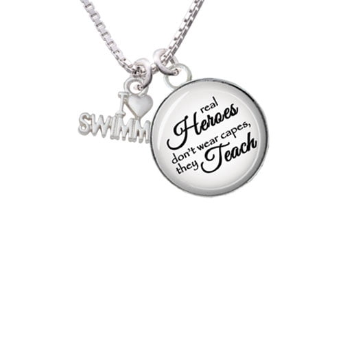 I Heart Swimming Real Heroes Teach Glass Dome Necklace, 18"+2" by Delight and Co.