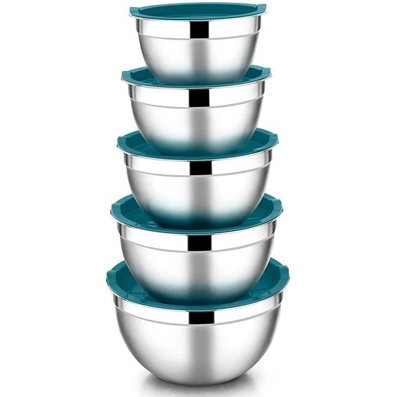 Mixing Bowls with Lids Set of 5, Vesteel Stainless Steel Mixing Bowls Metal Nesting Salad Bowls, Size 4.5, 3, 1.5, 1, 0.7 QT Great for Cooking, Baking, Serving - Blue