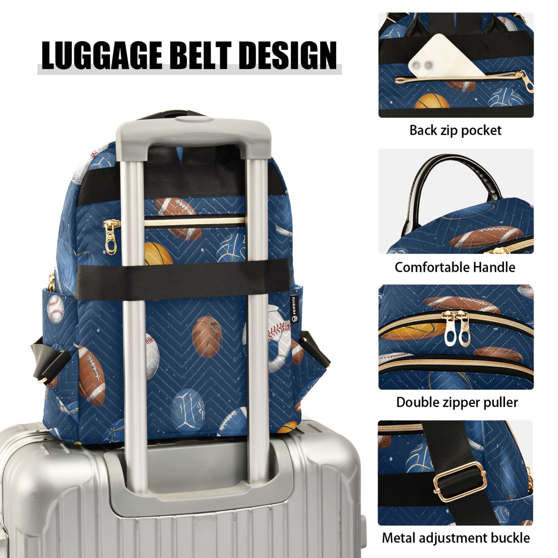 Basketballs Footballs Rugby Baseballs Sports Quilted Backpack Fashion Daypack Commuter Bag for Women 8.5 L