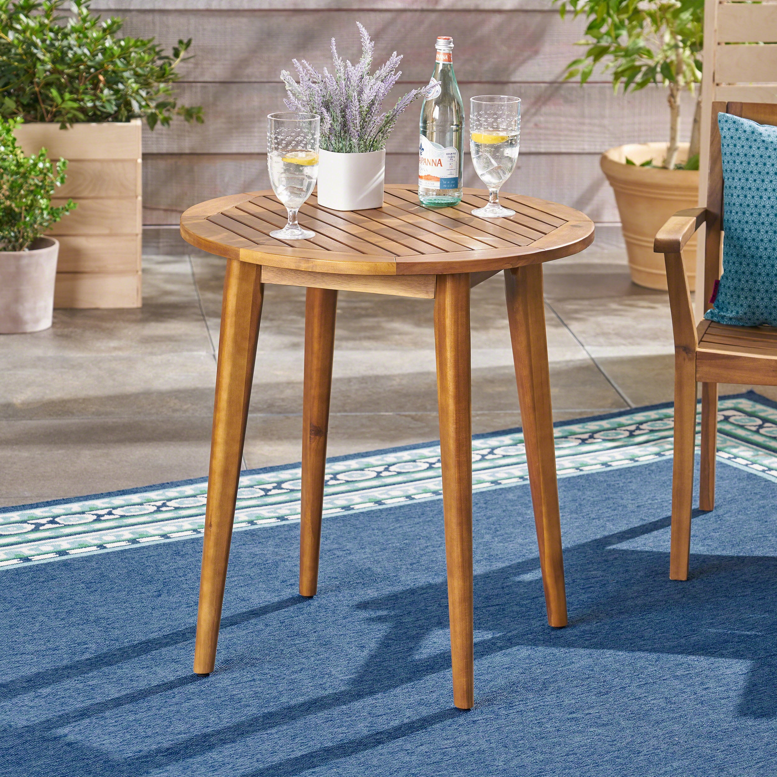 Euroco Modern Round Outdoor Bistro Table, Solid Acacia Wood with Water-Resistant Finish, Patio Dining Table for 2, Natural Brown