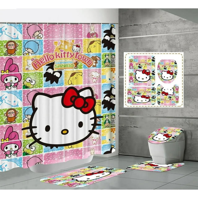 Rideau de Douche Kawaii Hello Kitty Ensemble Quatre Pièces Kit Anime Sanrio Impression Rideau de Douche Tapis Coussinet en U Imperméable Neuf LS