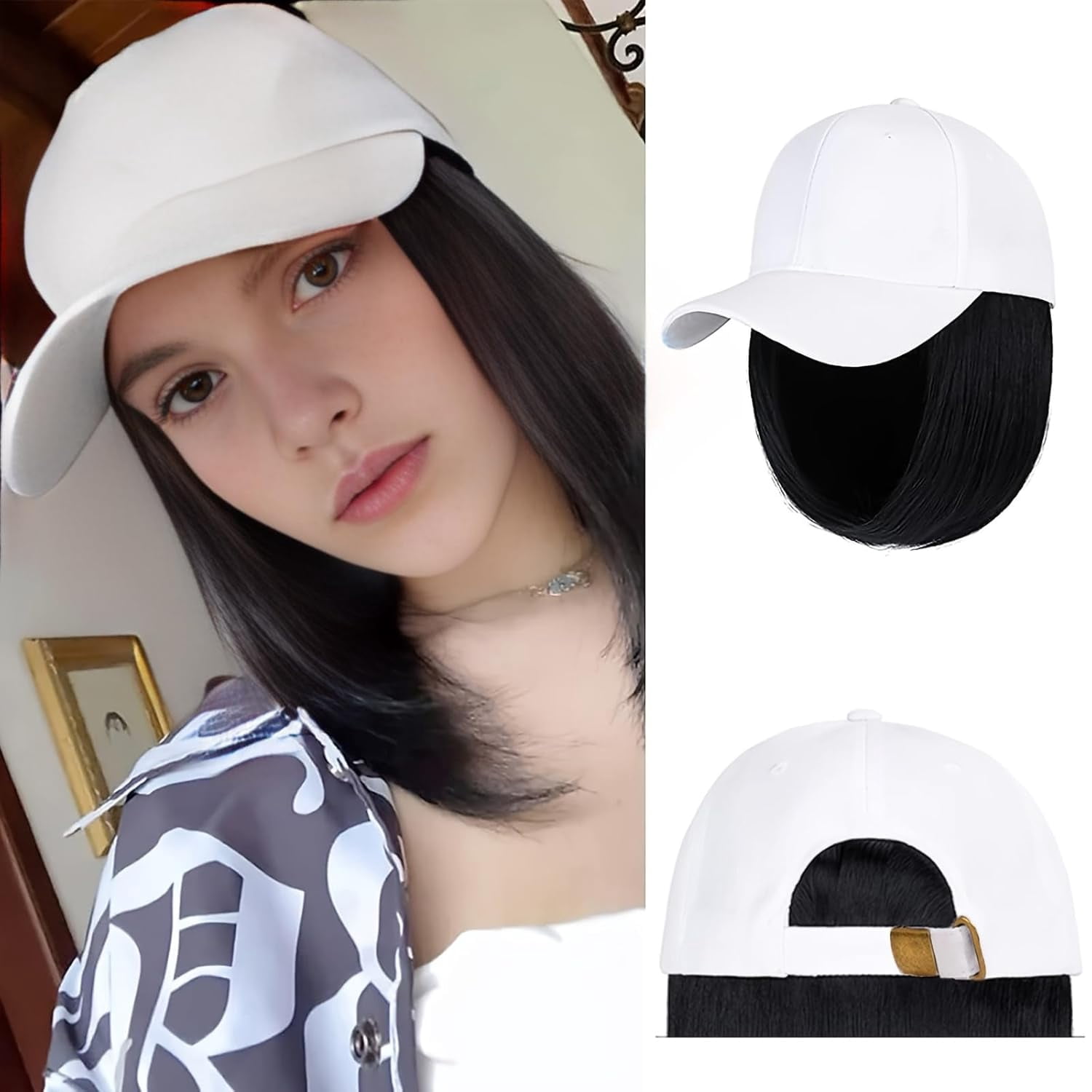 YEKEYI Baseball Cap with Hair Extensions Hat Wig Adjustable Hat Attached Short Straight Synthetic Hairpiece for Women