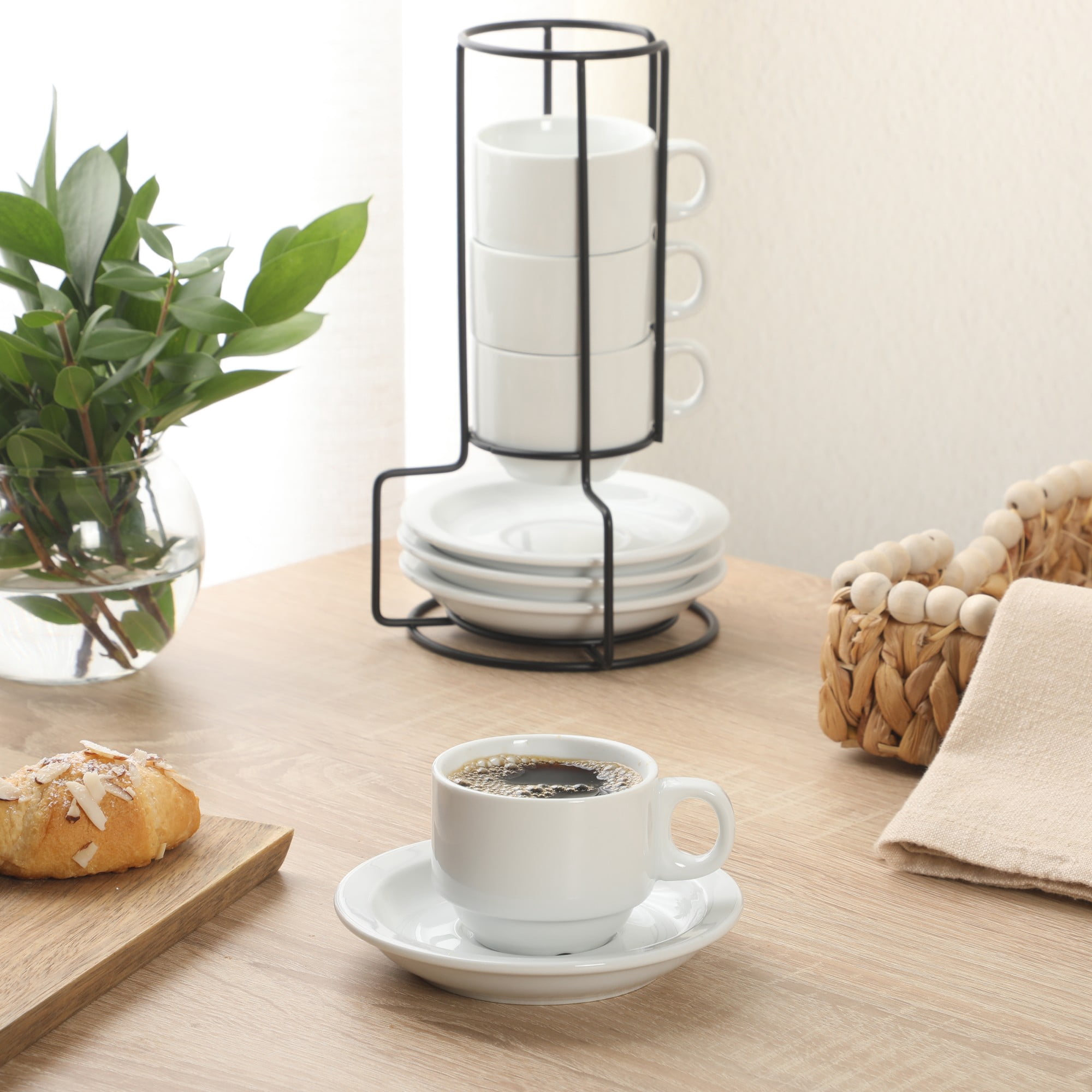 Gibson Home Gracious Dining Espresso / Cuppuccino Cups Set of 4, Small Stackable Coffee Cups with 4 Saucers, Metal Stand, Ceramic Demitasse Mugs, Espresso Accessories for Machine