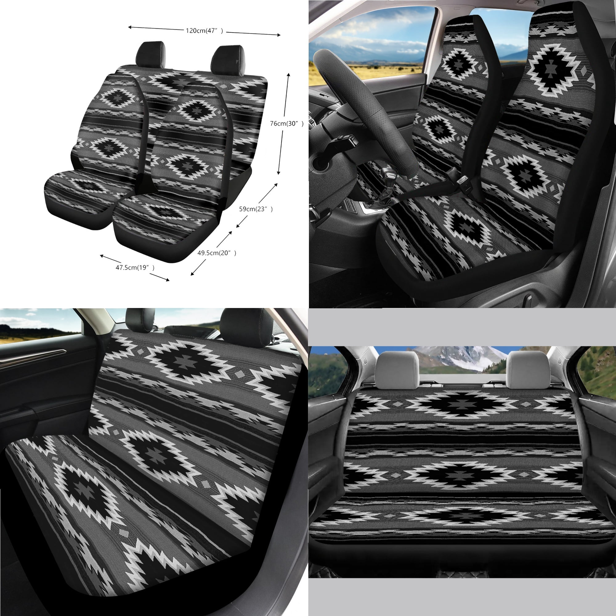Renewold American Tribal Black Grey 14 PCS Car Seat Cover Full Set, Steering Wheel Seat Belt Rear View Mirror Center Console Cover Trash Can Coaster Gear Shift Knob Cover Set Universal Fit