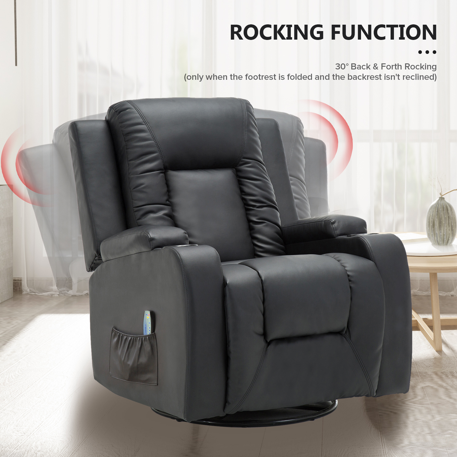 COMHOMA Swivel Rocker Recliner Chair PU Leather Rocking Sofa with Heated Massage, Black - image 3 of 8