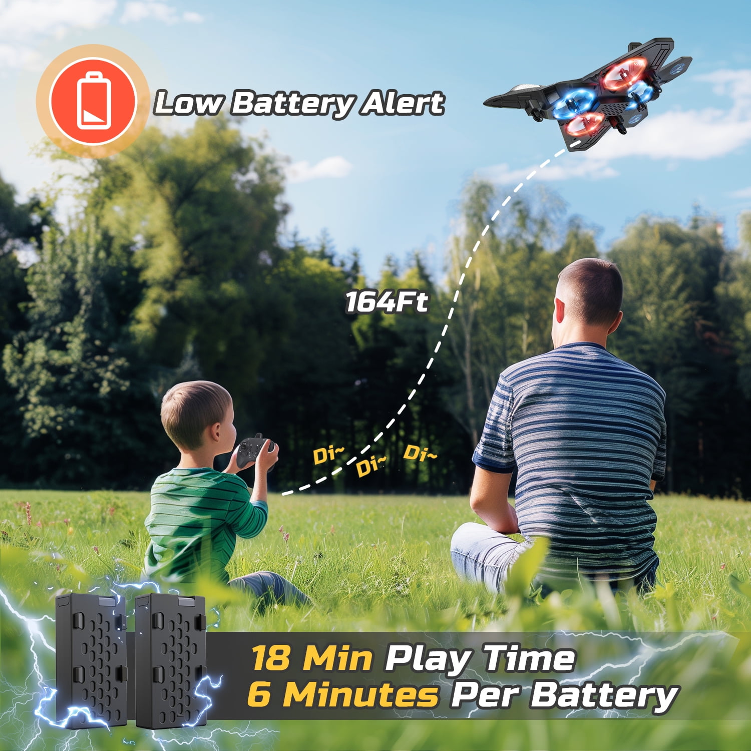 Foam RC Plane Drone for Kids, Remote Control Airplane Fighter Jet with LED Light, Auto Hover, 360°Flip, 2 Batteries (16 Mins Flight), Easy to Fly for Beginners