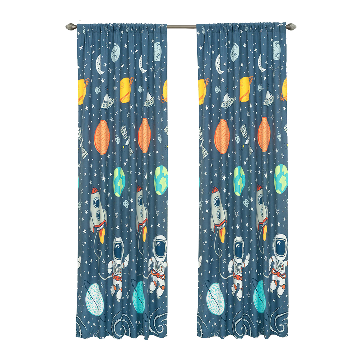 48" x 84" Space Explorer Astronauts, Planets, Stars and Spaceships Window Curtain Panel Drapes Pair for kids’ bedroom