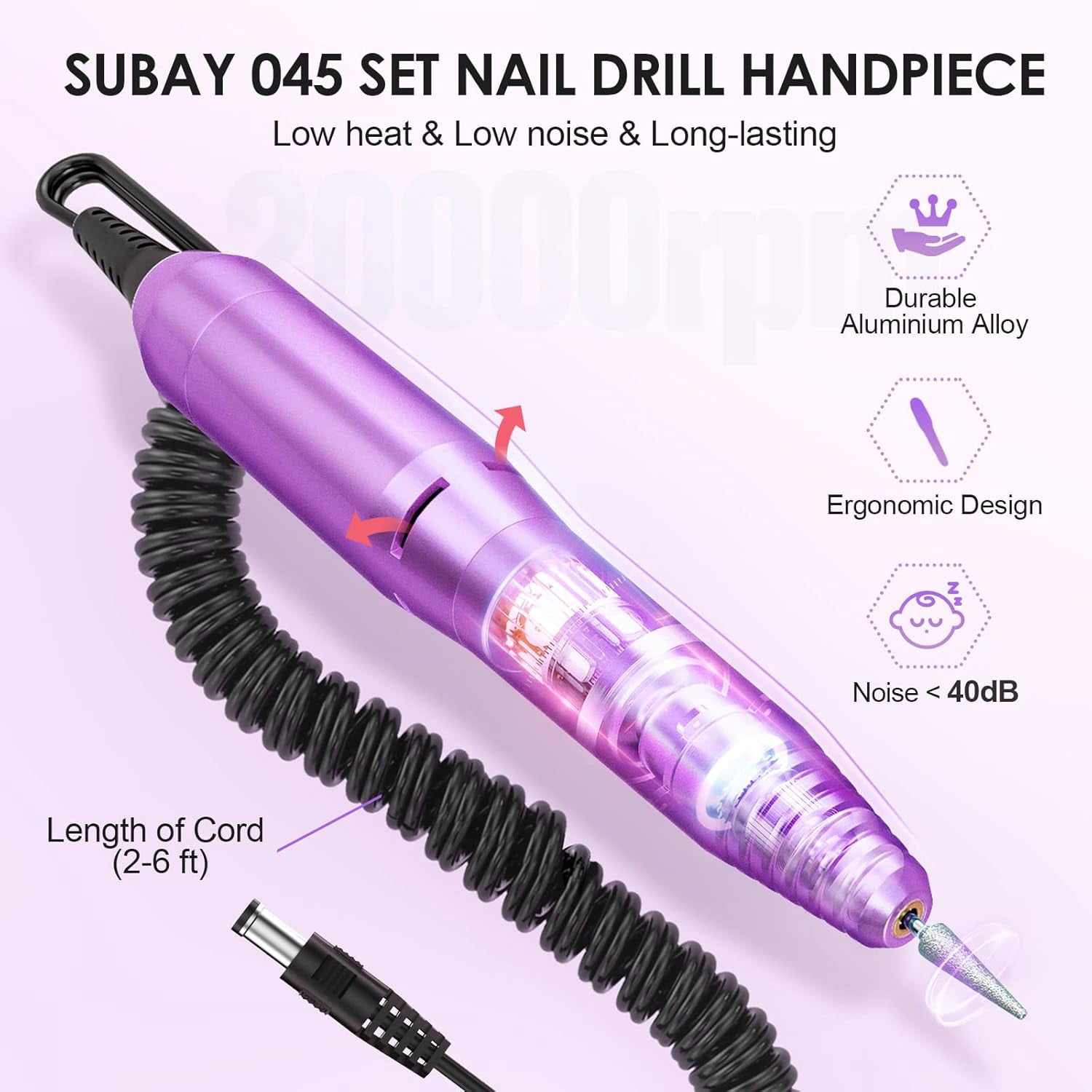 Electric Nail Drill Machine for Manicure Pedicure - 20000RPM Professional Nail File Kit with 1 Pack Sanding Bands - Low Noise Efile for Acrylic Nails - Home Salon Use