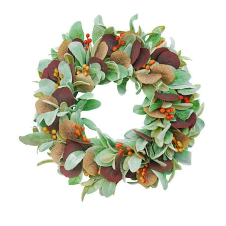 Lamb s Ear Wreath with Orange Berries – 18.9 Inch Rustic Farmhouse Front Door Wreath for All Seasons Indoor Outdoor Fall Decor for Porch Wall Thanksgiving & Festival Home Decoration