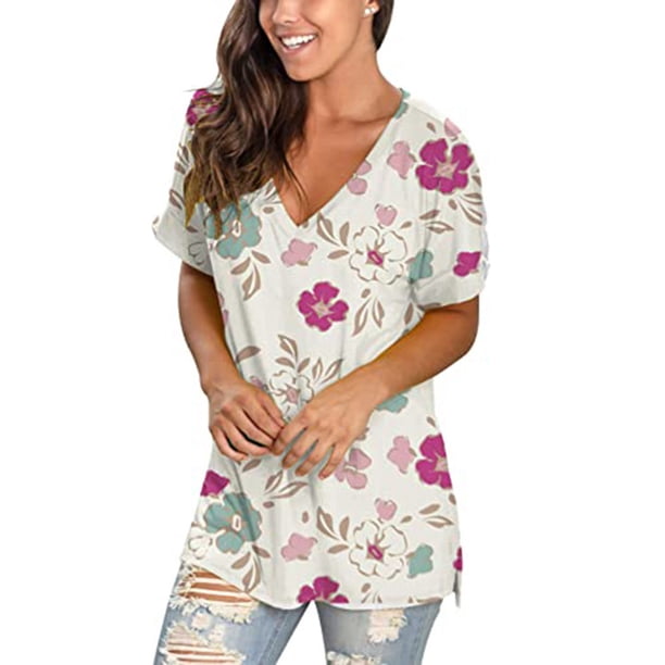 Pntutb - Camiseta de manga corta suelta con cuello en V y estampado informal para mujer Pntutb Pntutb-1150