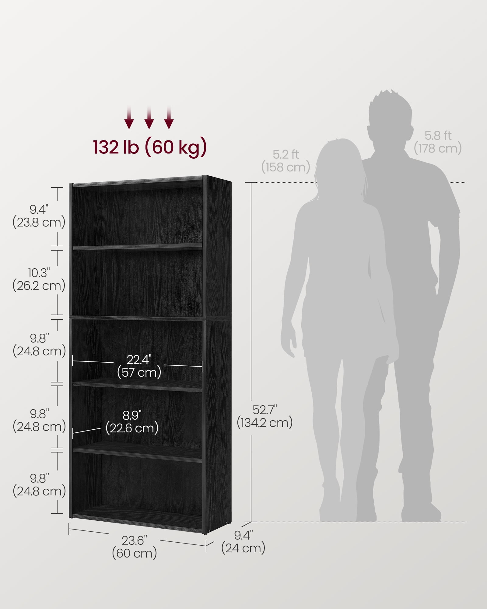 5 Tier Open Modern Standard Bookcase, Particleboard Black, 52.7"