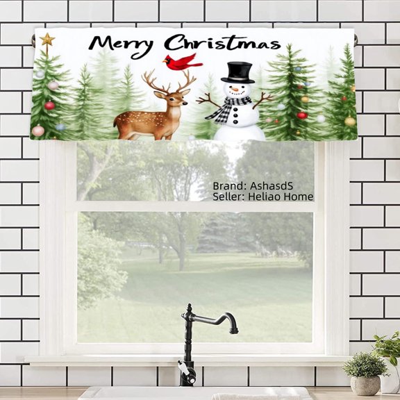 AshasdS Merry Christmas Polyester Window Valance Curtain with Deer, Snowman, and Pine Trees for Home Kitchen Living Room Bedroom Bathroom Decor 54x18 inch