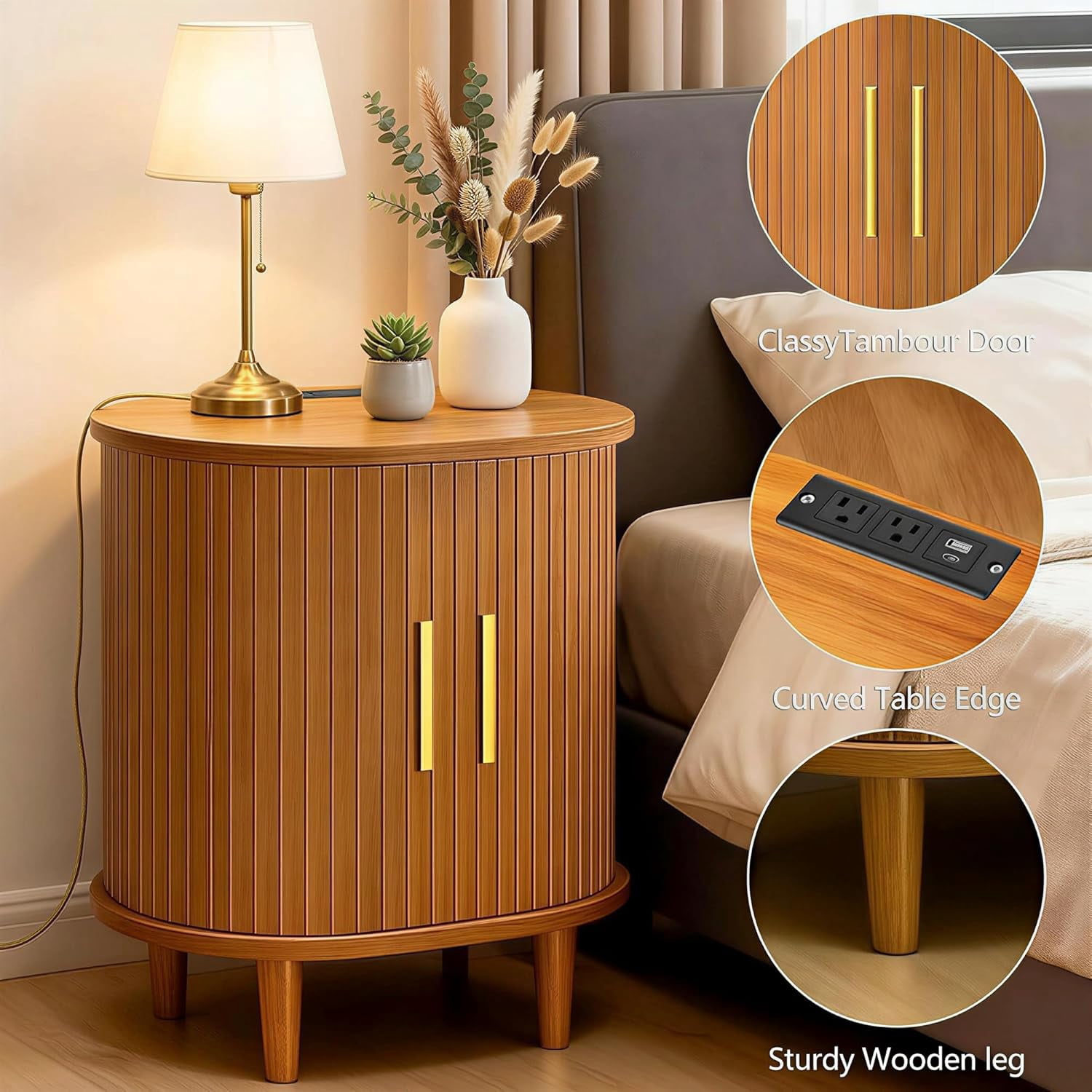 avobird Fluted Nightstand Set with Charging Station, Modern Side Table, Round Wood End Table with Drawer, Sliding Door & Adjustable Shelf for Living Room, Bedroom, Walnut