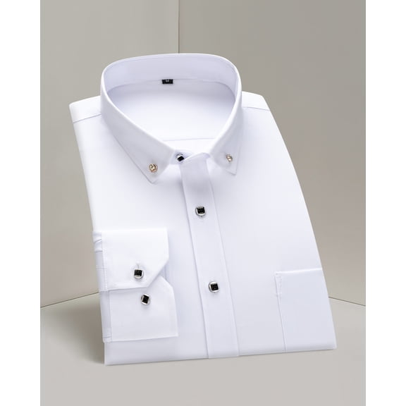 Men's casual white long -sleeved shirt with artificial diamond button suitable cut for business men, good choice for holiday and banquets.