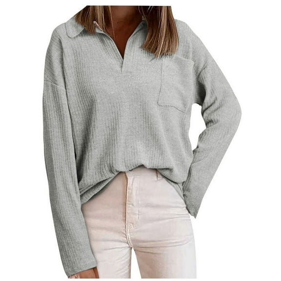 WREESH Womens Fashion Sweaters Casual V Neck Solid Color Pullover Loose Fit Long Sleeve Tops Button Round-Neck Casual T-Shirt Top Blouse Gray