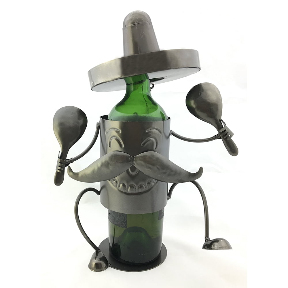 Happy Mexican Fiesta Sombrero and Maracas Dancer Metal Wine Bottle