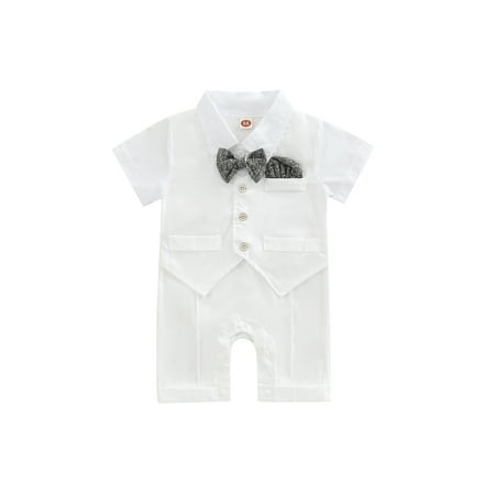 

Binpure Baby Boy’s Short Sleeve Jumpsuit Fashion Stitching Bowtie Lapel Fake-two Gentleman Long Romper