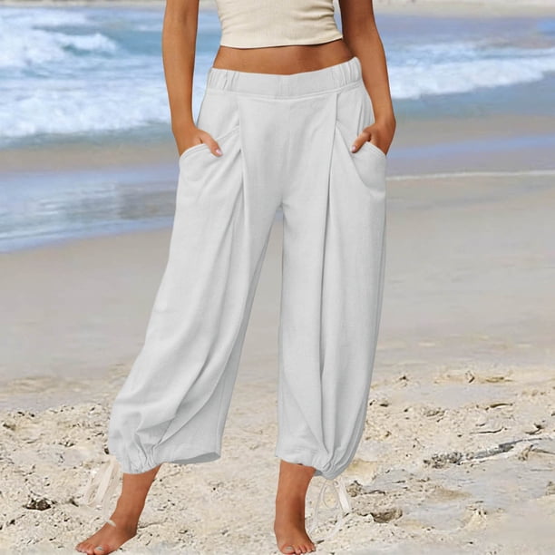 TaTaai Women's Solid Color Loose Fit Elastic Waist Beam Foot Long Pants Comfortable Casual Trousers with Convenient Side Pockets Versatile Daily Sports and Lounge Pants Gift
