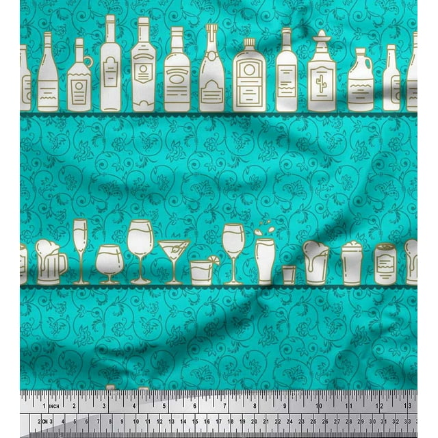 Soimoi Polyester Crepe Fabric Swirl,Bottle & Cocktail Bar Print Fabric by The Yard 52 Inch Wide