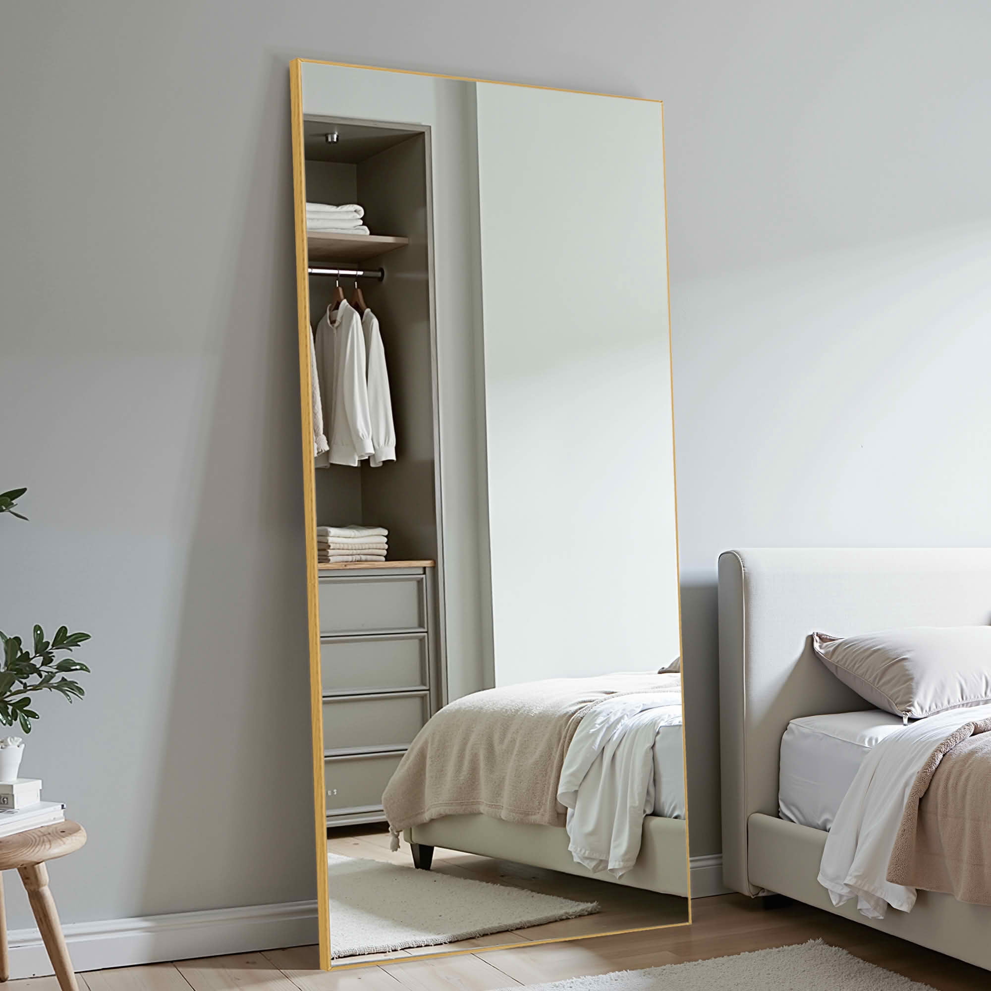 MAYEERTY 71x34x1 Inch Gold Thin Edge Aluminum Right Angle Rectangular Full Length Mirror, No Stand for Bedroom