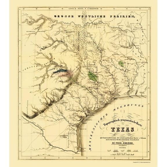 Historic State Map - Texas with Alamo - Roemer 1849 - Vintage Wall Art