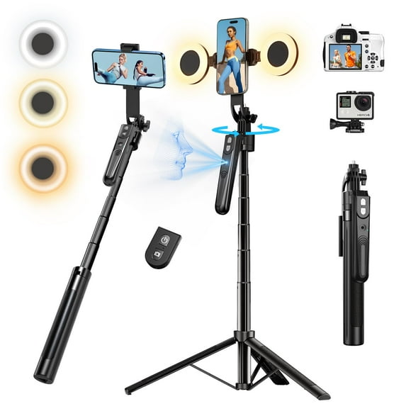 70.9" AI-Powered 360° Rotation Face & Motion Tracking Tripod Stand with Dual Ring Fill Lights, Remote Control, and Selfie Stick Functionality – Ideal for Vlogging, Live Streaming, and Video