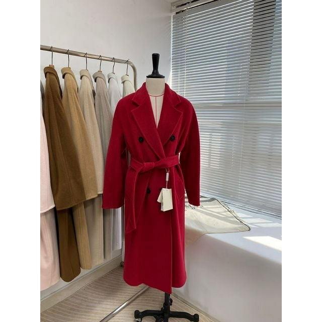 QueenLine High-end Winter Cashmere Camel Color Long Wool Classic Double-breasted Lace-up Gray Red Coat