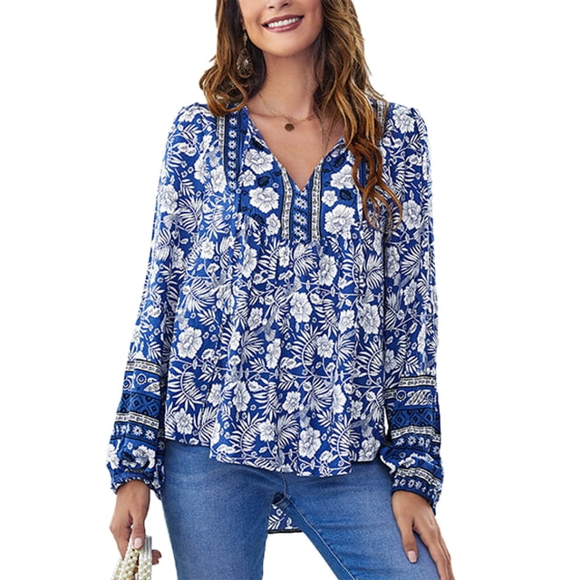 Blusas de Manga Larga Ormromra con Estampado Floral Cuello en V Casual para Mujeres y Niñas