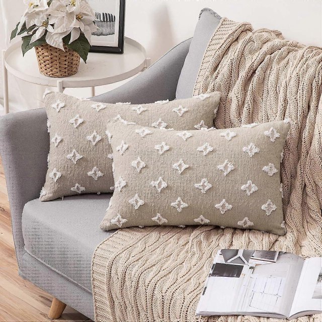 Juego de 2 fundas de almohada decorativas, fundas de almohada de jacquard de diamantes, fundas de cojín rectangulares suaves para sofá de verano, 30 x 50 cm, color beige
