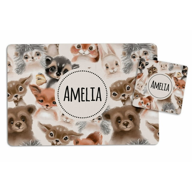 Printtoo Personalized Placemat & Coaster Set For Kids Toddlers,Birthday Gift For Boys,Gift For Girls,Animals-8x11.5 Inch