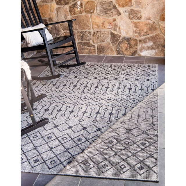 Unique Loom Trellis Collection Tribal Geometric Transitional Indoor and Outdoor Flatweave Area Rug, 6' x 9', Light Gray/Blue