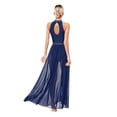 thumbnail image 3 of TiaoBug Womens Lyrical Dance Dress Sleeveless Keyhole Back Shiny Rhinestones Side Split Mesh Maxi Dress Navy Blue S, 3 of 7