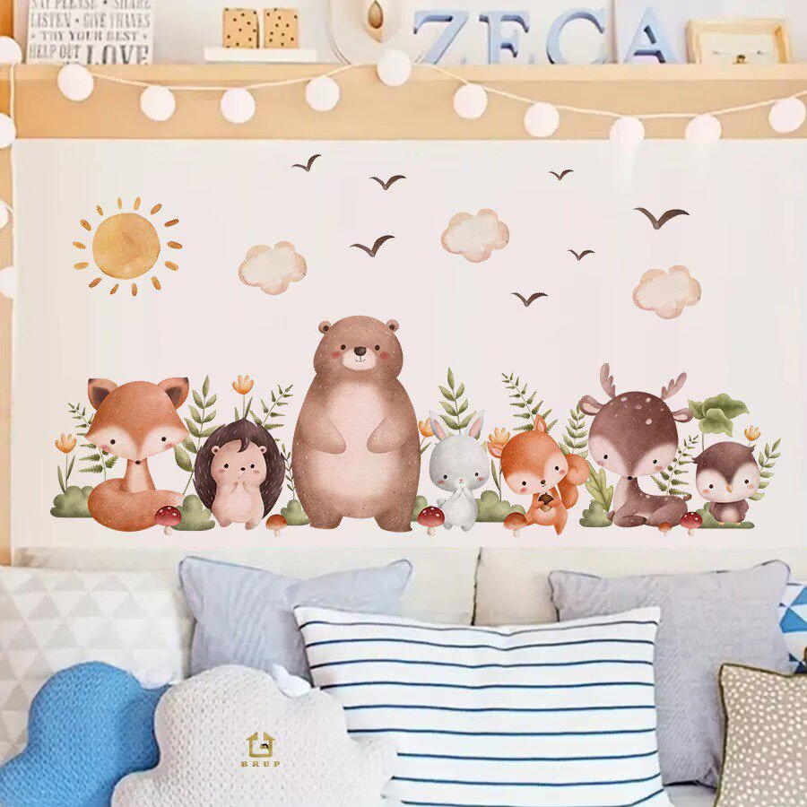Watercolor Woodland Animals Wall Decal, Bear Fox Deer Hedgehog Squirrel Owl Wall Sticker, Forest Creatures Nursery Wall Mural, Removable Peel and Stick Baby Room Decor