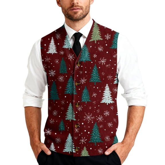 Resicozy Mens Christmas Sweater Vest Funny Xmas Print Holiday Vests V Neck Casual Cardigan Vest Wine 3 3XL