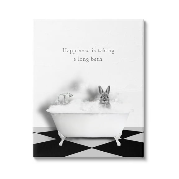 Stupell Industries Happiness is Long Bath Bunny Animals & Insects Painting Gallery Wrapped Canvas Art Print Wall Art, 16 x 20