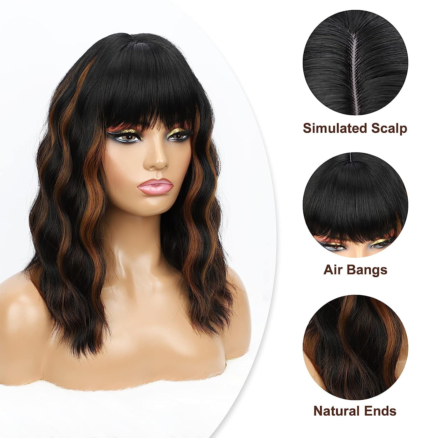 SUCS Short Black Mix Brown Wig with Bangs Short Brown Wavy Wig for Women Shoulder Length Brown Wig Synthetic Highlight Wavy Wig Heat Resistant Short Wavy Wigs for Daily Party Use
