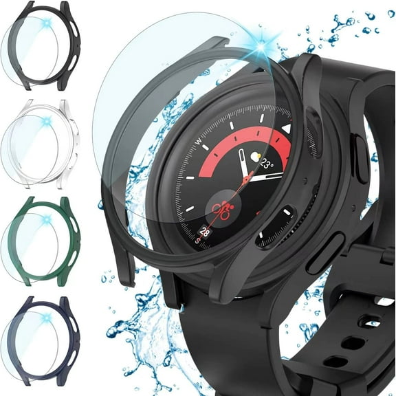 Screen Protector Case for Samsung Galaxy Watch 5 Pro 45mm, Tempered Glass Screen Protector & Hard PC Bumper for Samsung Galaxy Watch 5 Pro 45mm (4 4Pack, Black Titanium Dark Blue Green Silver)