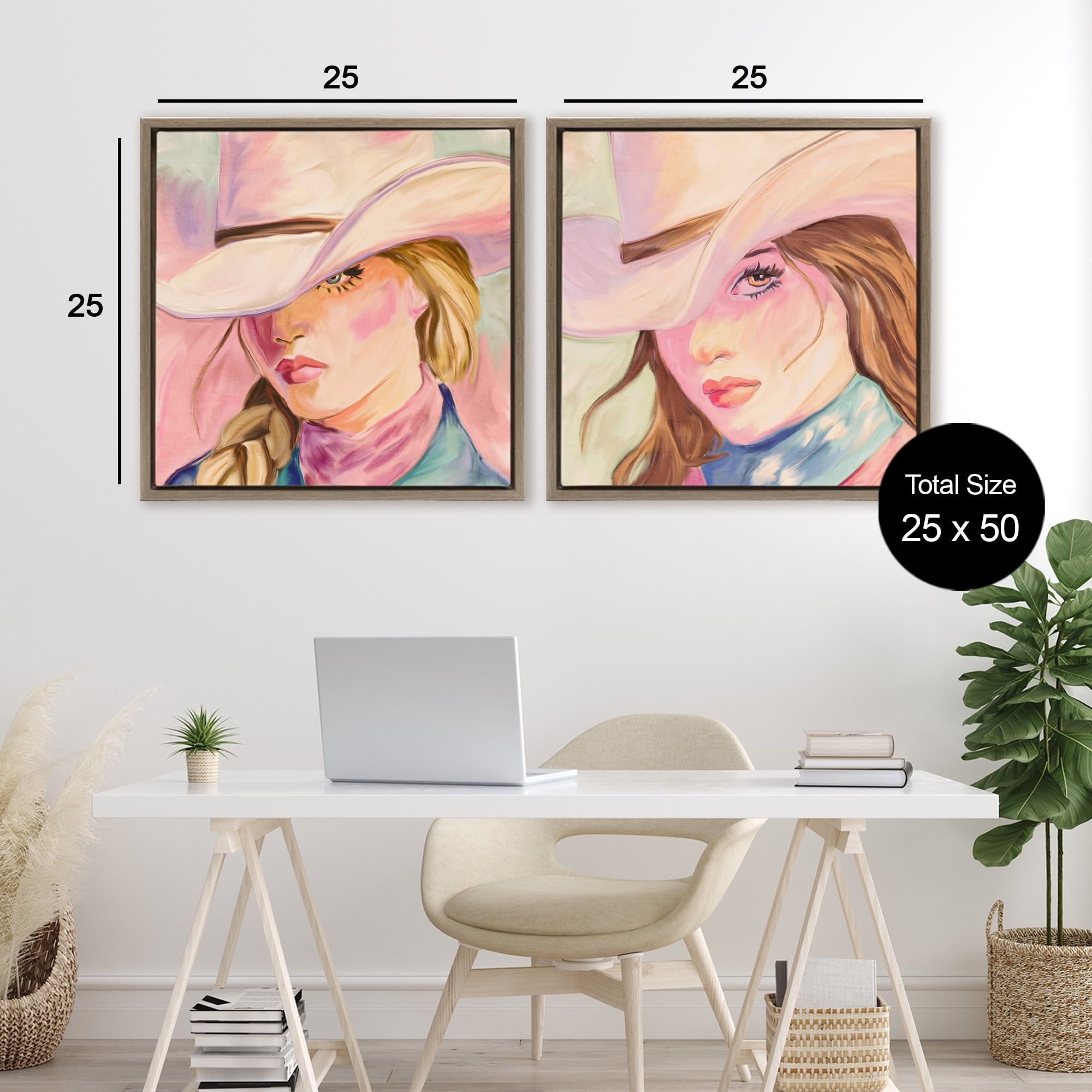 Pastel Cowgirls Gazing 2 Piece Brown Framed Floater Canvas Set, design by Kim Allen