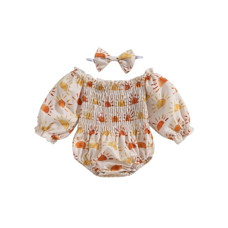 

Suanret Infant Baby Girls Spring Jumpsuit Set Cartoon Sun Print Off Shoulder Long Sleeve Romper + Headband Apricot 0-3 Months